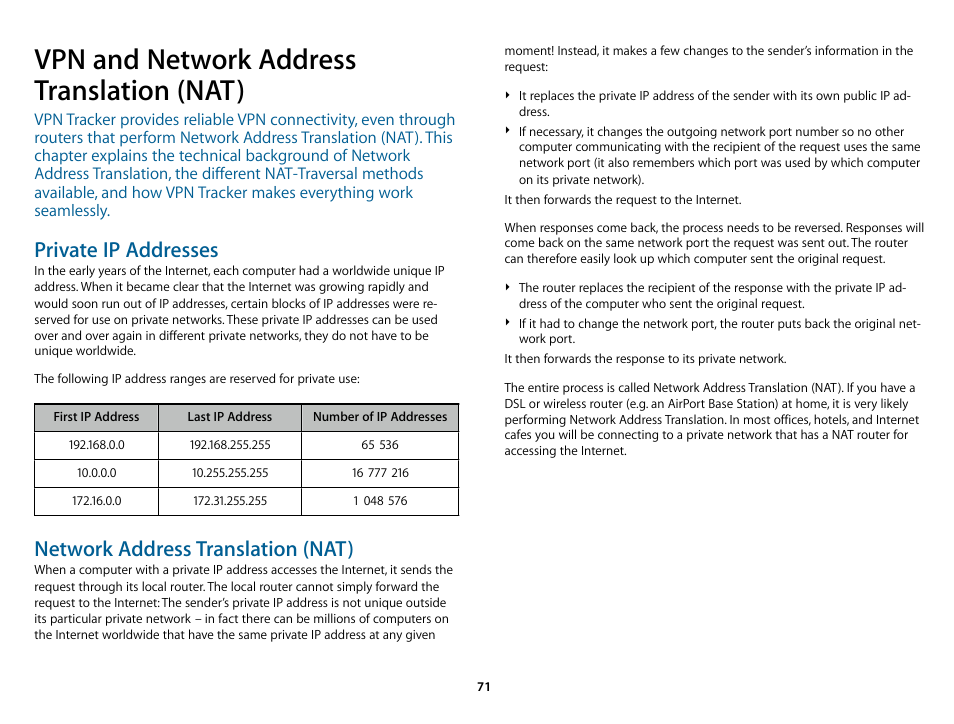 Vpn and network address translation (nat), Private subnet, Private ip addresses | Network address translation (nat) | equinux VPN Tracker 8.1.1 User Manual | Page 71 / 83