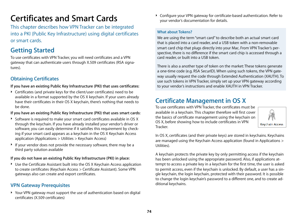 Certificates and smart cards, Getting started, Certificate management in os x | equinux VPN Tracker 8.1.1 User Manual | Page 74 / 83