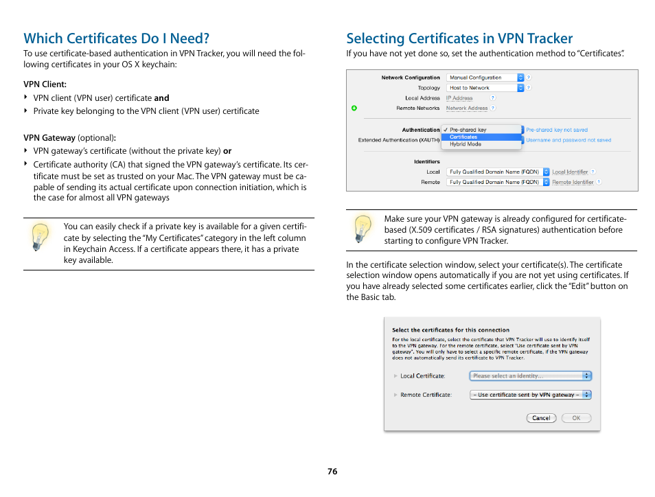 Which certificates do i need, Selecting certificates in vpn tracker | equinux VPN Tracker 8.1.1 User Manual | Page 76 / 83