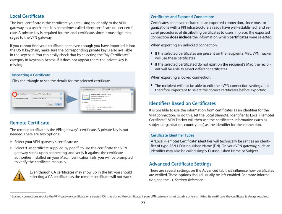 Local certificate, Remote certificate, Identifiers based on certificates | Advanced certificate settings | equinux VPN Tracker 8.1.1 User Manual | Page 77 / 83