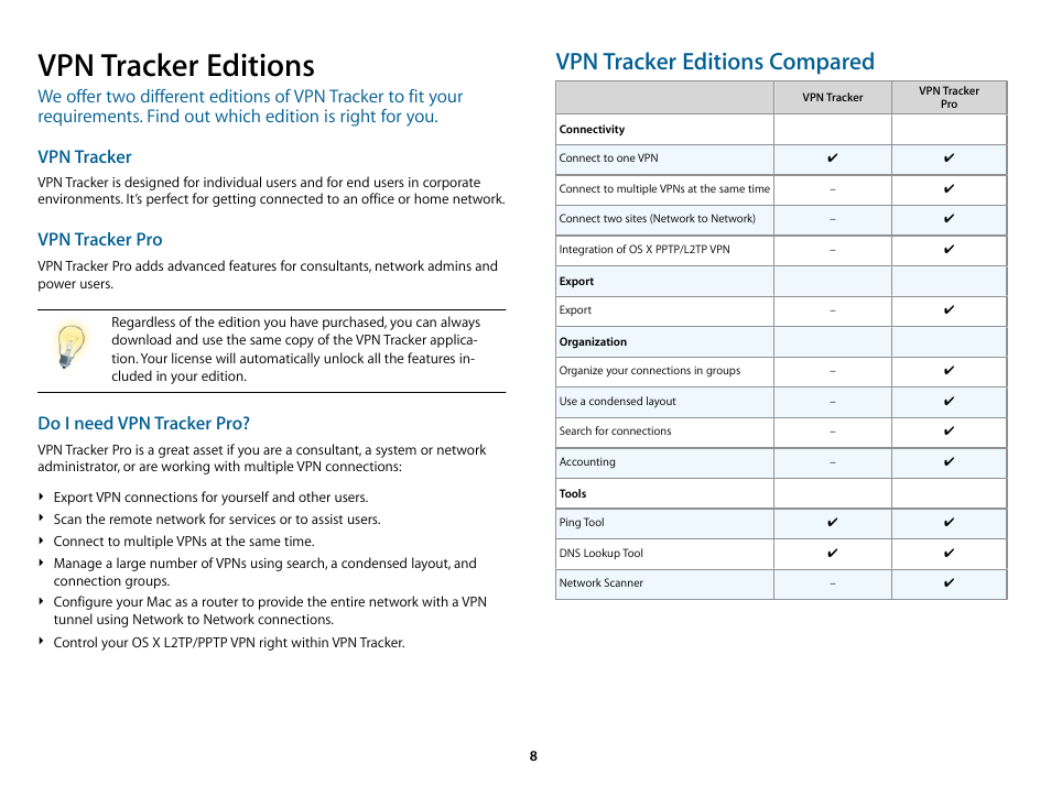 Vpn tracker editions, Vpn tracker editions compared, Vpn tracker pro | Do i need vpn tracker pro | equinux VPN Tracker 8.1.1 User Manual | Page 8 / 83