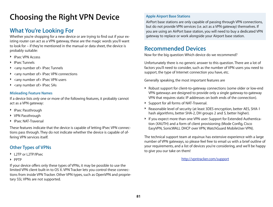 Choosing the right vpn device, What you’re looking for, Recommended devices | equinux VPN Tracker 8.1.1 User Manual | Page 81 / 83