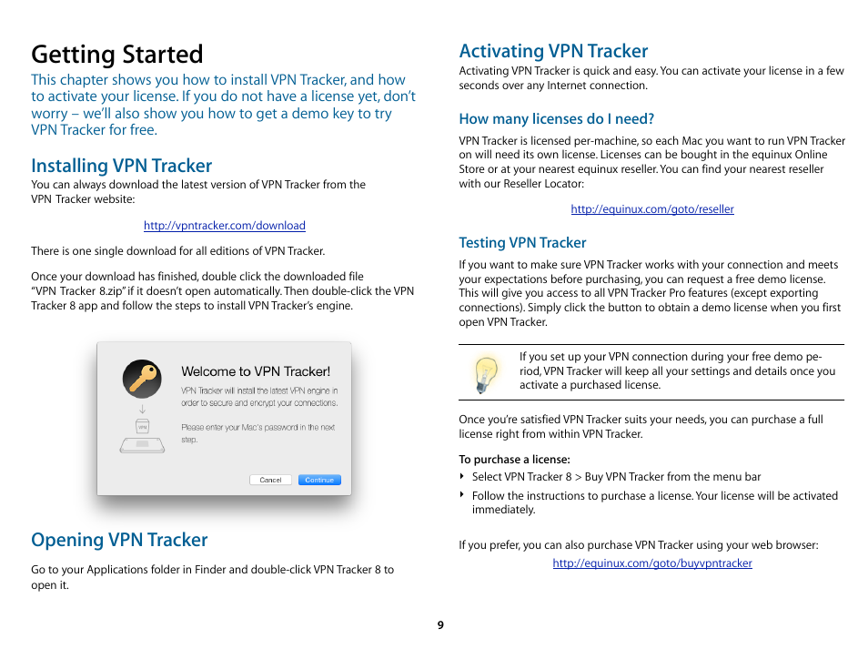 Getting started, Installing vpn tracker, Activating vpn tracker | Ial in → getting started, Opening vpn tracker | equinux VPN Tracker 8.1.1 User Manual | Page 9 / 83