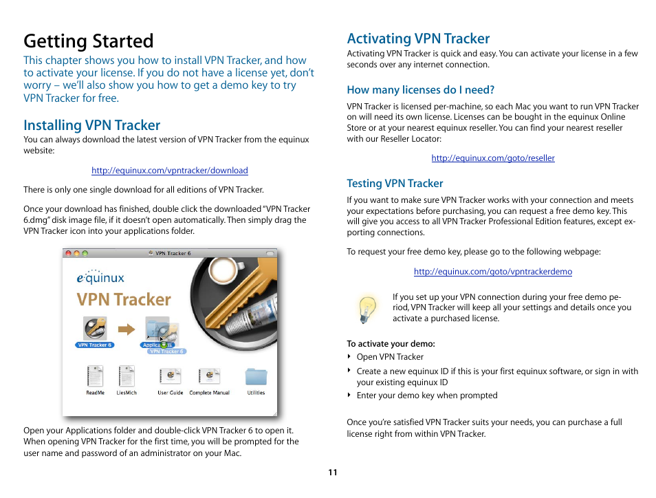 Getting started, Installing vpn tracker, Activating vpn tracker | Ial) in | equinux VPN Tracker 6.4.6 User Manual | Page 11 / 78