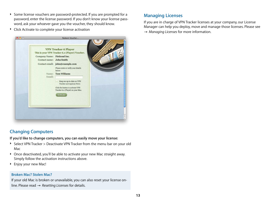 Changing computers, Managing licenses | equinux VPN Tracker 6.4.6 User Manual | Page 13 / 78