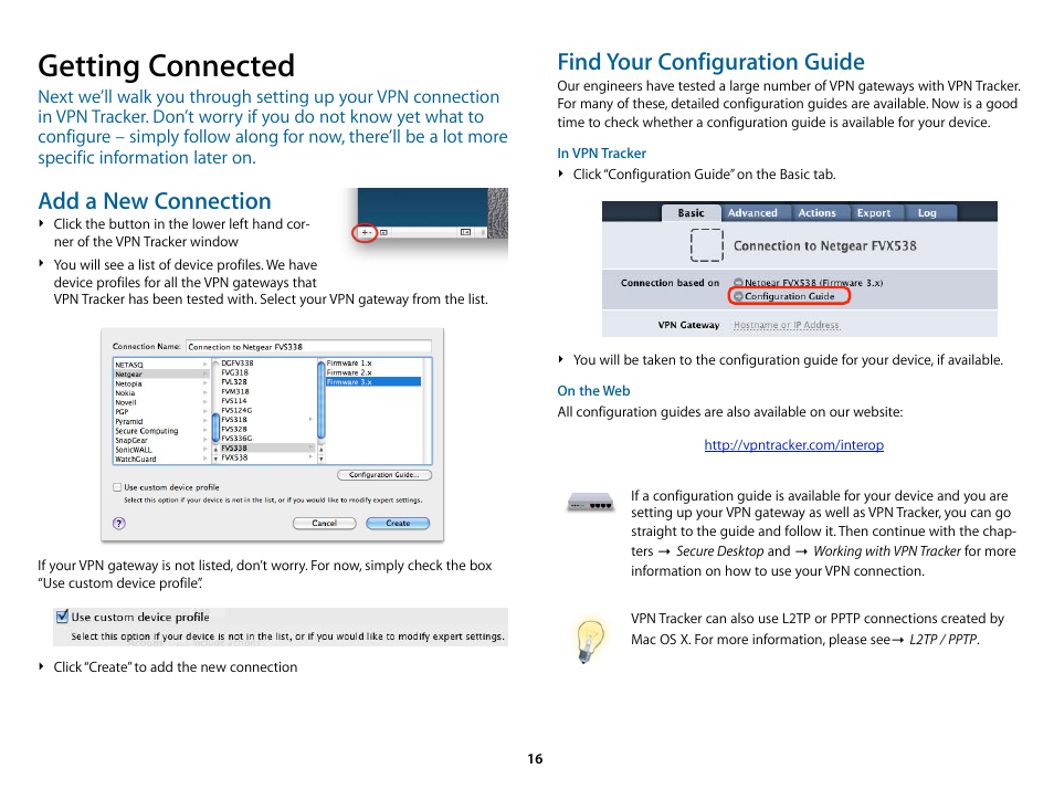 Getting connected, Ch in, Add a new connection | Find your configuration guide | equinux VPN Tracker 6.4.6 User Manual | Page 16 / 78