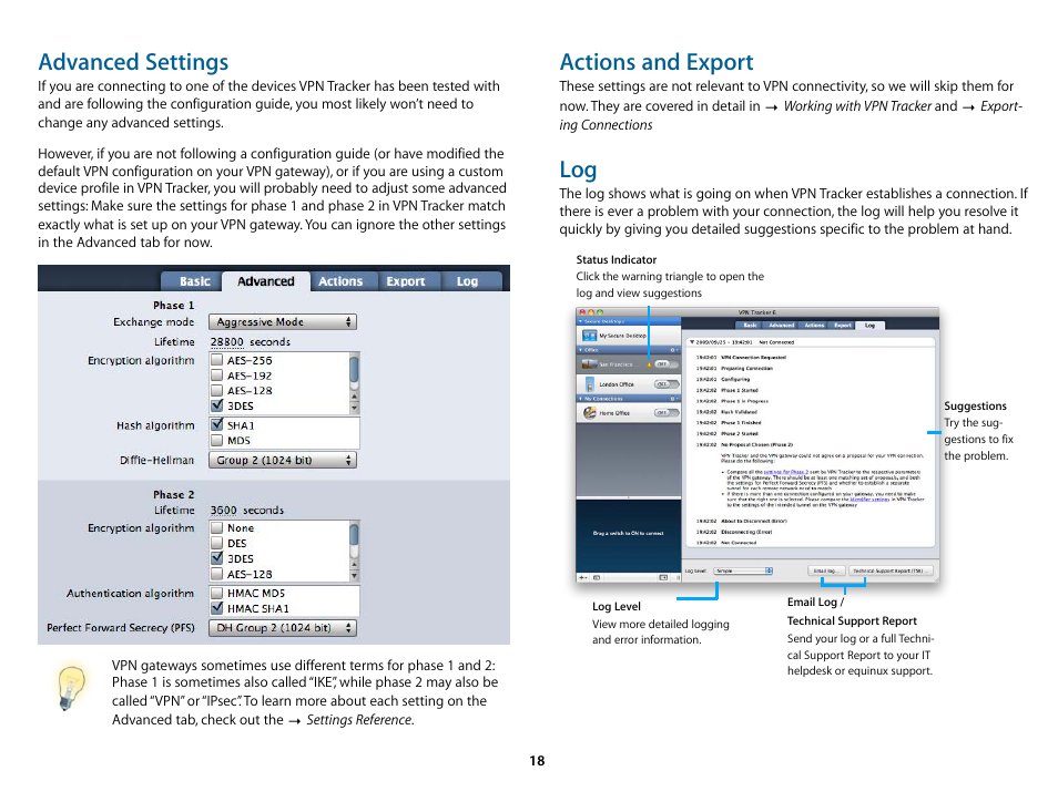 Actions and export, Advanced settings | equinux VPN Tracker 6.4.6 User Manual | Page 18 / 78