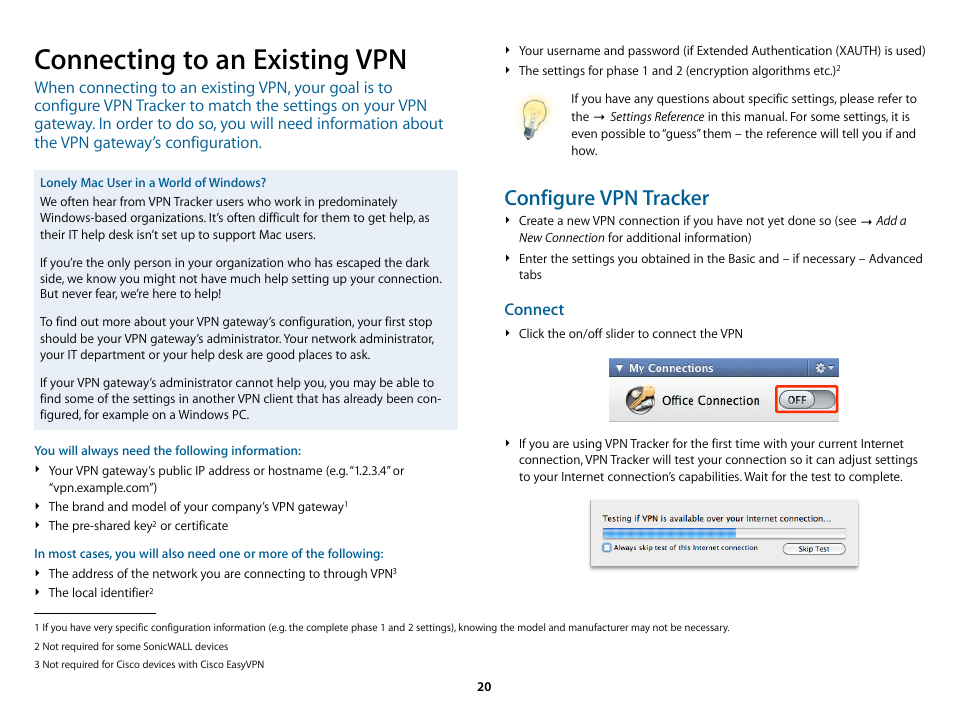 Connecting to an existing vpn, Connecting to an existing vpn has detailed instr, Configure vpn tracker | Connect | equinux VPN Tracker 6.4.6 User Manual | Page 20 / 78