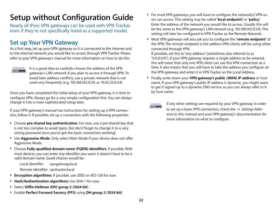 Setup without configuration guide, Set up your vpn gateway | equinux VPN Tracker 6.4.6 User Manual | Page 22 / 78