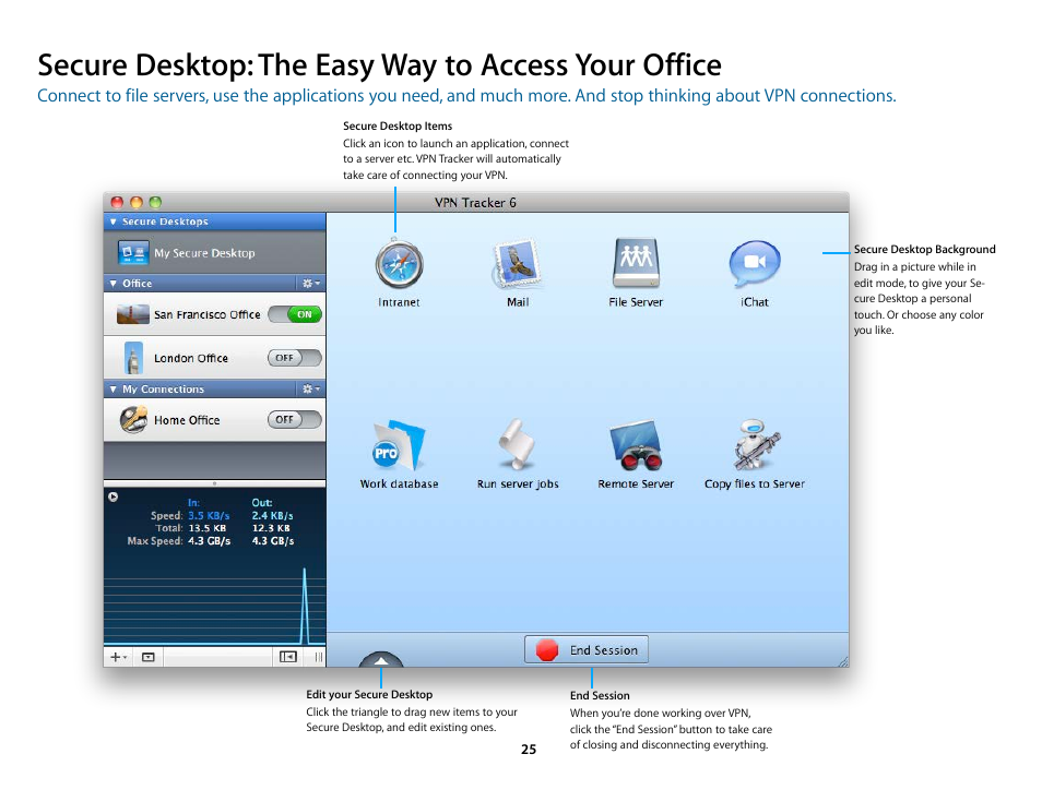 Secure desktop: the easy way to access your office, Secure desktop, Secure desktop – the star | Secure desktop and, Secure, Desktop | equinux VPN Tracker 6.4.6 User Manual | Page 25 / 78