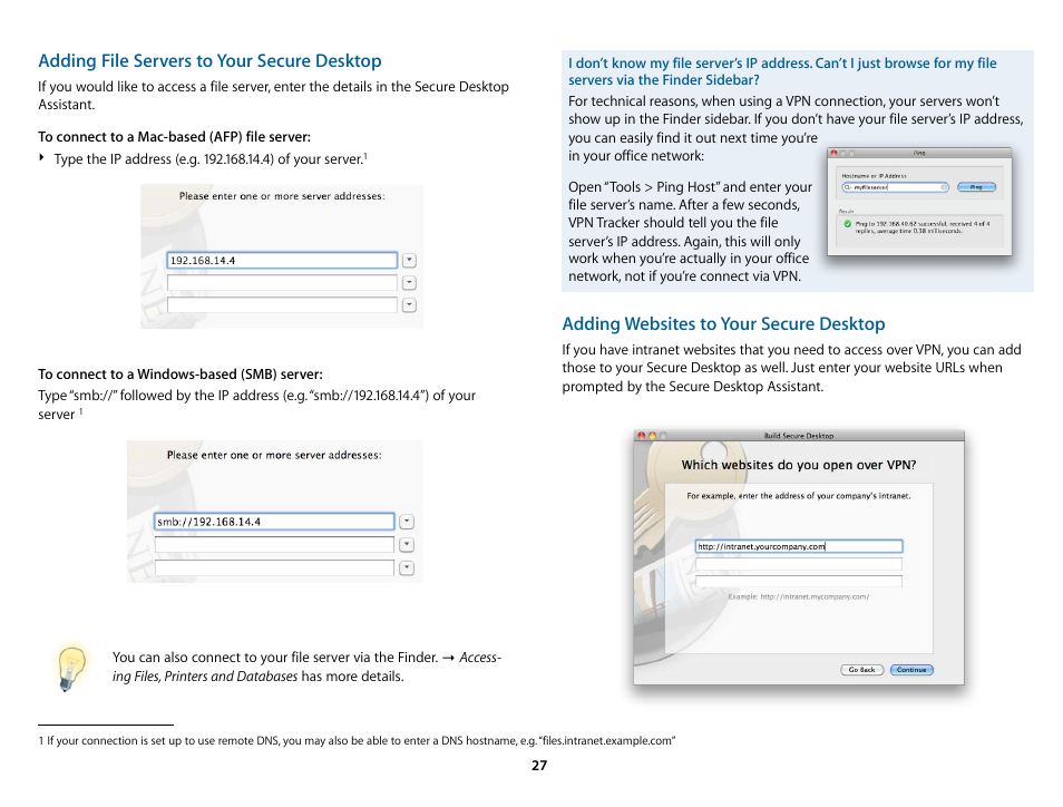 Adding file servers to your secure desktop, Adding websites to your secure desktop | equinux VPN Tracker 6.4.6 User Manual | Page 27 / 78