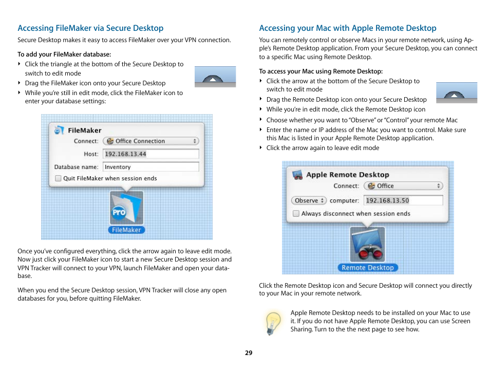 Accessing filemaker via secure desktop, Accessing your mac with apple remote desktop | equinux VPN Tracker 6.4.6 User Manual | Page 29 / 78