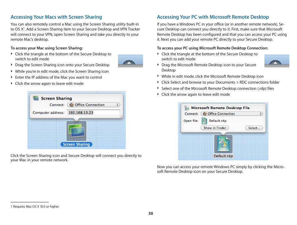 Accessing your macs with screen sharing, Accessing your pc with microsoft remote desktop | equinux VPN Tracker 6.4.6 User Manual | Page 30 / 78