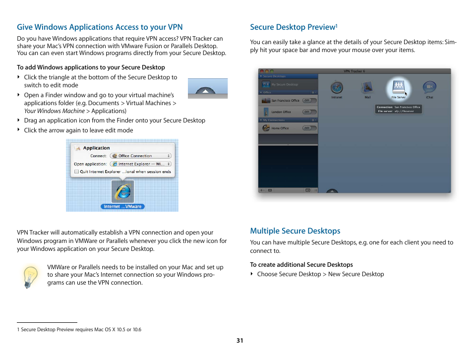 Give windows applications access to your vpn, Secure desktop previe w, Multiple secure desktops | equinux VPN Tracker 6.4.6 User Manual | Page 31 / 78