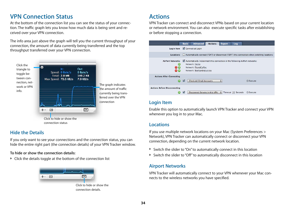 Vpn connection status, Actions | equinux VPN Tracker 6.4.6 User Manual | Page 34 / 78