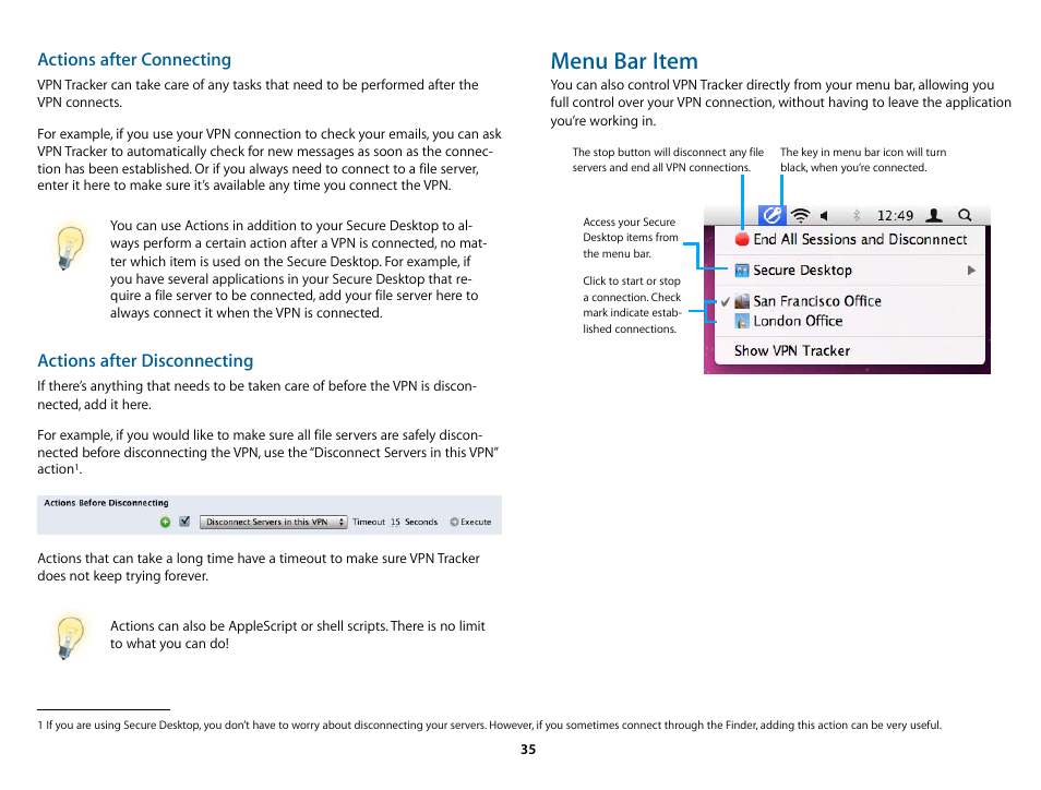 Menu bar item, Actions after connecting, Actions after disconnecting | equinux VPN Tracker 6.4.6 User Manual | Page 35 / 78