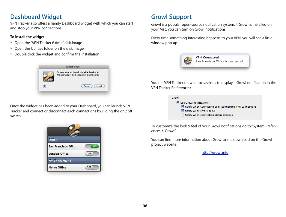 Dashboard widget, Growl support | equinux VPN Tracker 6.4.6 User Manual | Page 36 / 78