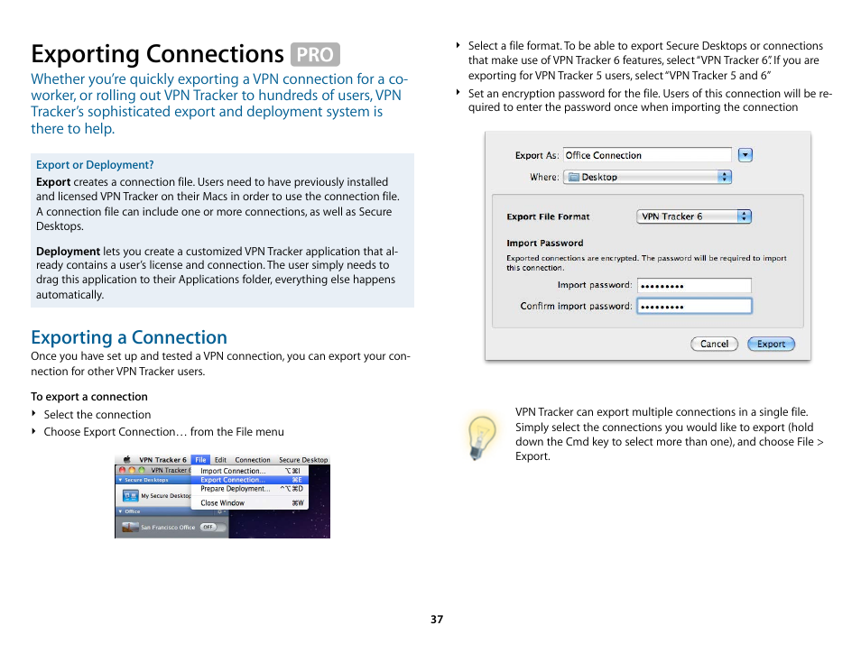 Exporting connections, And → export, Ing connections | Exporting a connection | equinux VPN Tracker 6.4.6 User Manual | Page 37 / 78