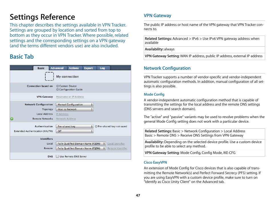 Settings reference, Basic tab, E → settings reference | Check out the, Tion guide and the, Settings reference in this manual, Setting reference if y | equinux VPN Tracker 6.4.6 User Manual | Page 47 / 78
