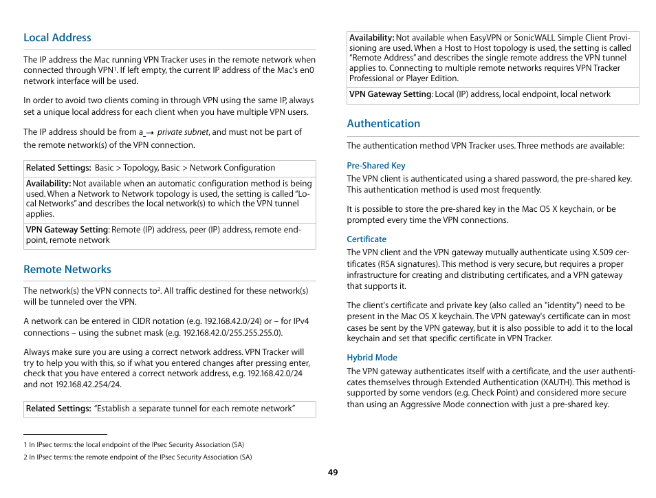 Local address, Remote networks, Authentication | equinux VPN Tracker 6.4.6 User Manual | Page 49 / 78