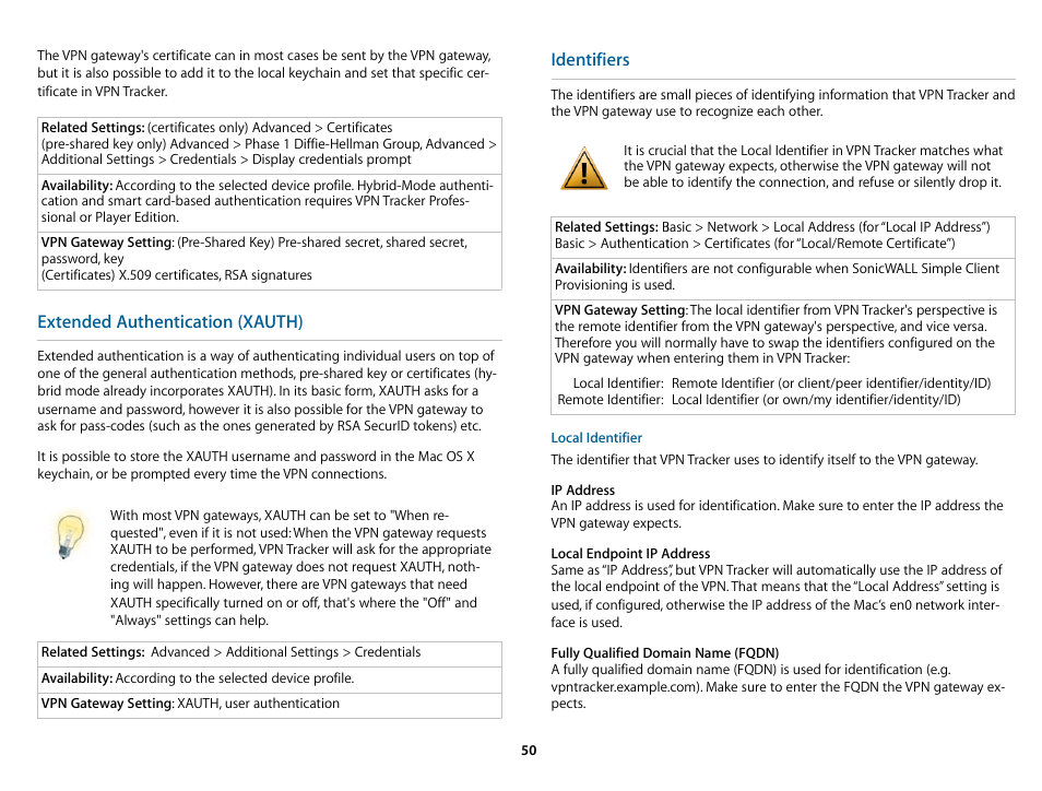 Extended authentication (xauth), Identifiers | equinux VPN Tracker 6.4.6 User Manual | Page 50 / 78