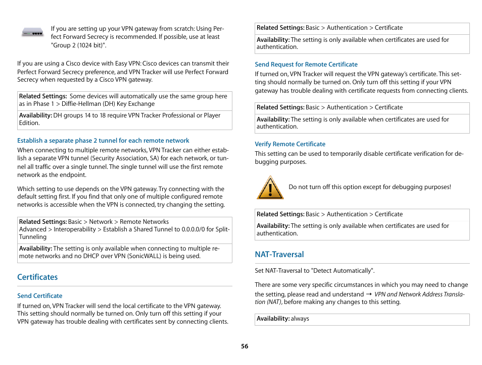 Certificates, Nat-traversal | equinux VPN Tracker 6.4.6 User Manual | Page 56 / 78