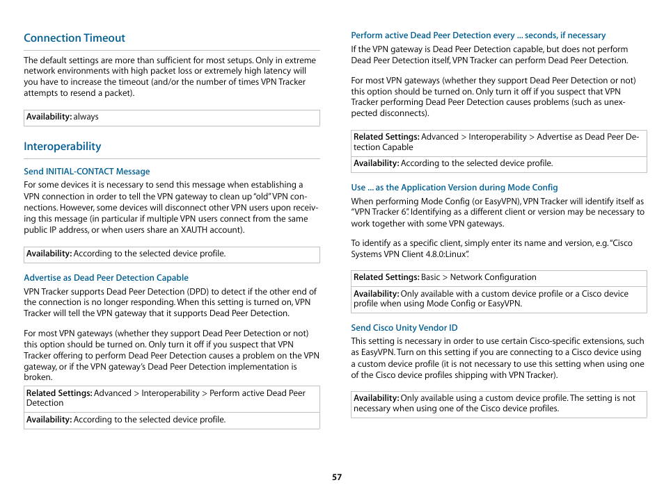 Connection timeout, Interoperability | equinux VPN Tracker 6.4.6 User Manual | Page 57 / 78