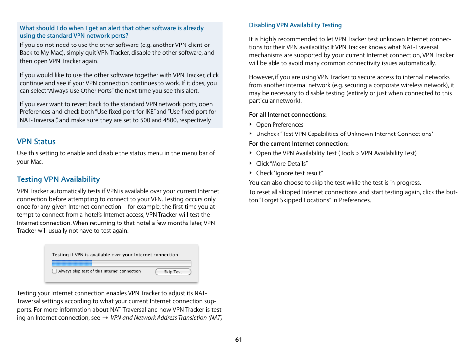 Vpn status, Testing vpn availability | equinux VPN Tracker 6.4.6 User Manual | Page 61 / 78