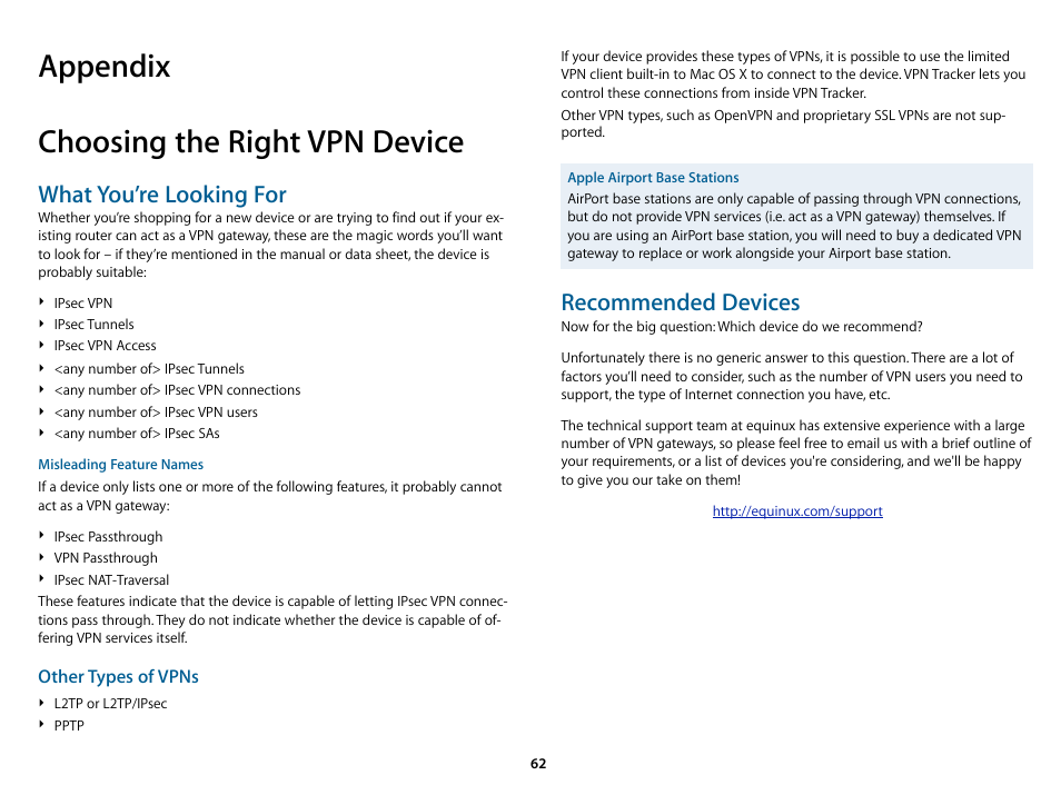 Appendix, Choosing the right vpn device, Er on | Appendix choosing the right vpn device, What you’re looking for, Recommended devices | equinux VPN Tracker 6.4.6 User Manual | Page 62 / 78