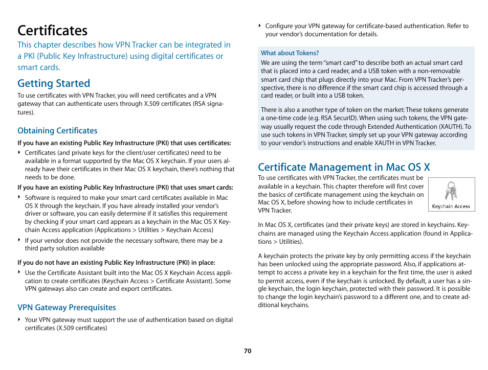 Certificates, Getting started, Certificate management in mac os x | equinux VPN Tracker 6.4.6 User Manual | Page 70 / 78