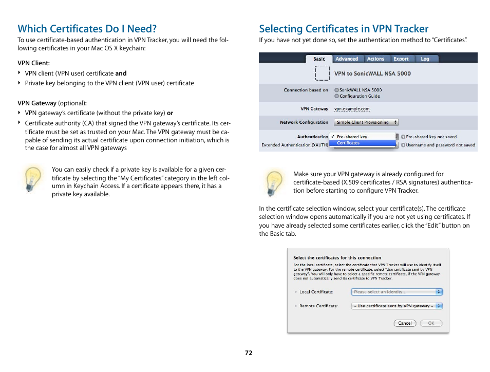 Which certificates do i need, Selecting certificates in vpn tracker | equinux VPN Tracker 6.4.6 User Manual | Page 72 / 78