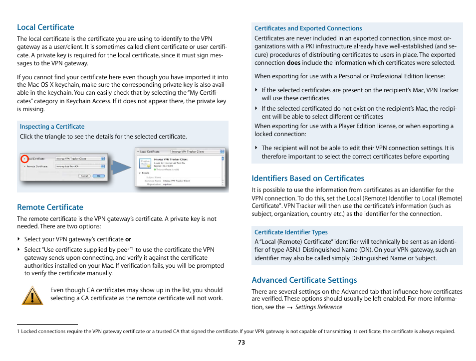 Local certificate, Remote certificate, Identifiers based on certificates | Advanced certificate settings | equinux VPN Tracker 6.4.6 User Manual | Page 73 / 78