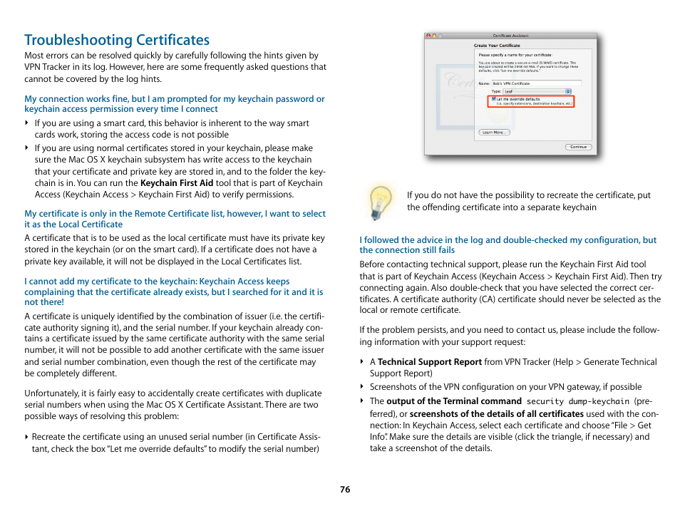 Troubleshooting certificates | equinux VPN Tracker 6.4.6 User Manual | Page 76 / 78