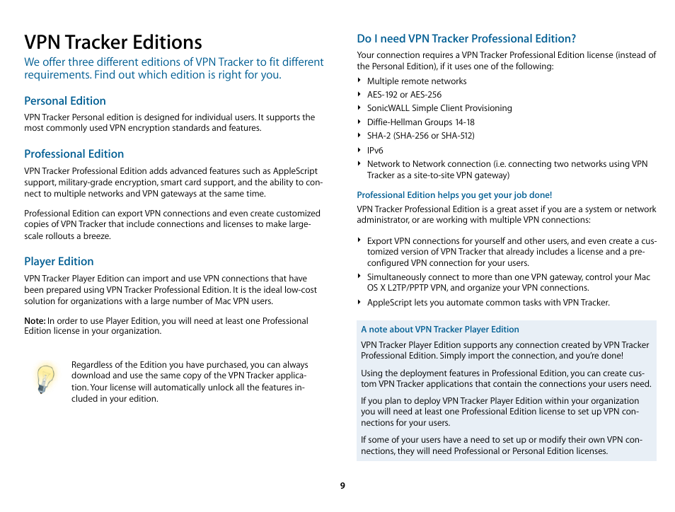 Vpn tracker editions | equinux VPN Tracker 6.4.6 User Manual | Page 9 / 78