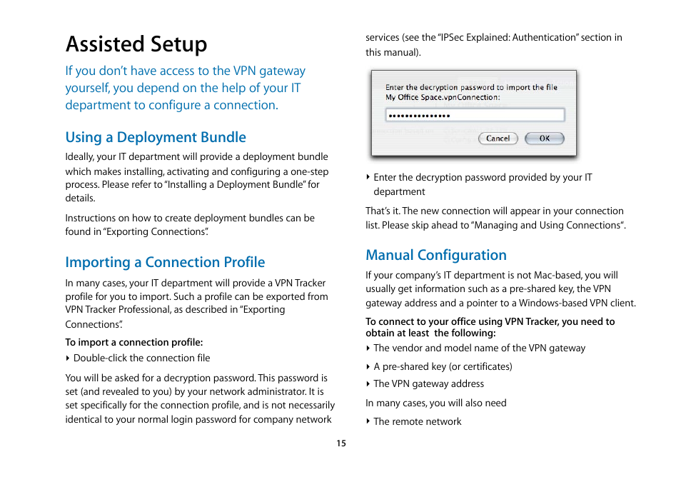 Assisted setup, Using a deployment bundle, Importing a connection profile | Manual configuration | equinux VPN Tracker 5.4.4 User Manual | Page 15 / 47