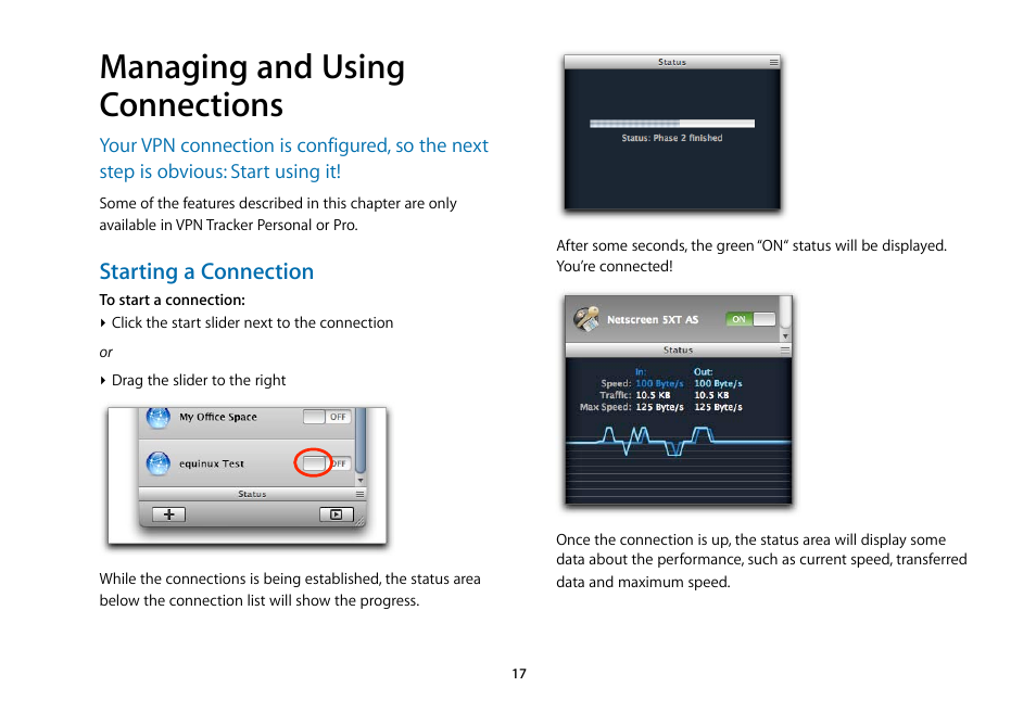 Managing and using connections, Starting a connection | equinux VPN Tracker 5.4.4 User Manual | Page 17 / 47