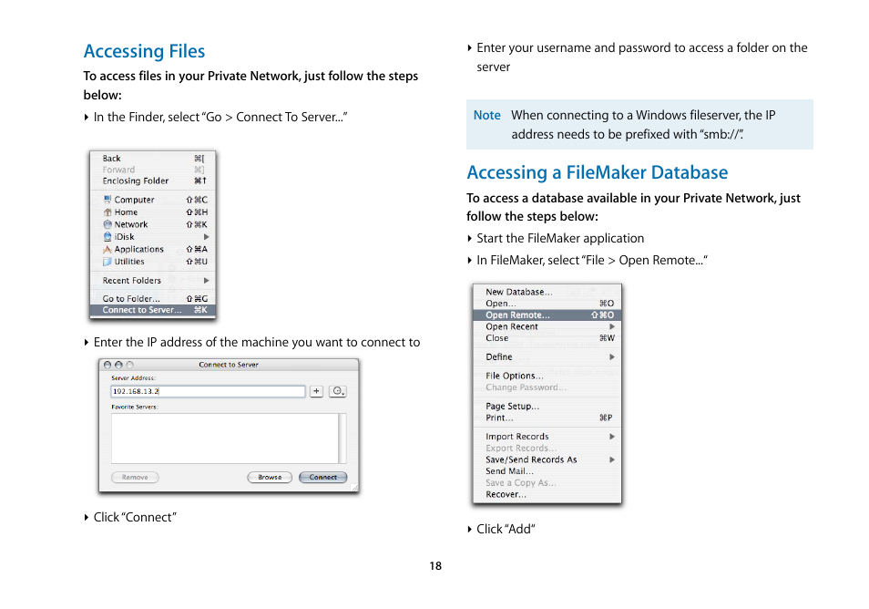 Accessing files, Accessing a filemaker database | equinux VPN Tracker 5.4.4 User Manual | Page 18 / 47