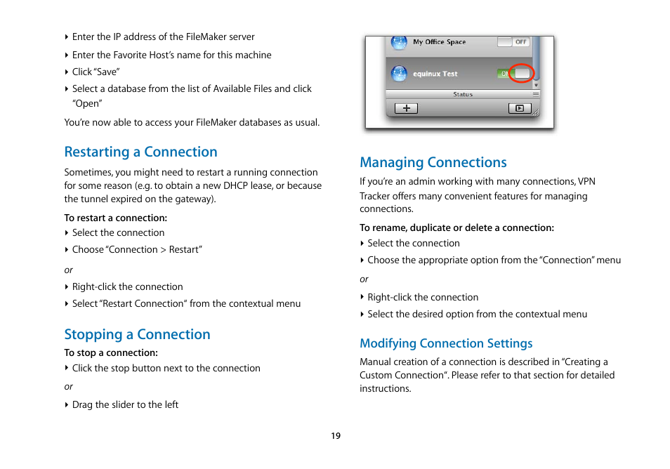 Restarting a connection, Stopping a connection, Managing connections | equinux VPN Tracker 5.4.4 User Manual | Page 19 / 47