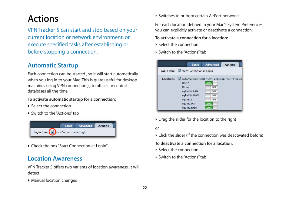 Actions, Automatic startup, Location awareness | equinux VPN Tracker 5.4.4 User Manual | Page 22 / 47