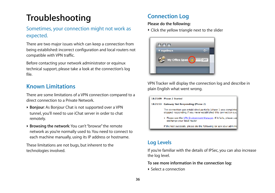 Troubleshooting, Known limitations, Connection log | equinux VPN Tracker 5.4.4 User Manual | Page 36 / 47