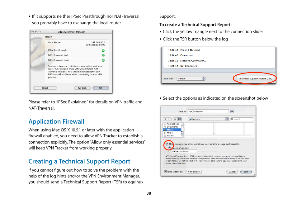 Application firewall, Creating a technical support report | equinux VPN Tracker 5.4.4 User Manual | Page 38 / 47