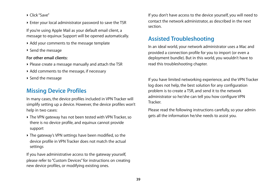 Missing device profiles, Assisted troubleshooting | equinux VPN Tracker 5.4.4 User Manual | Page 39 / 47