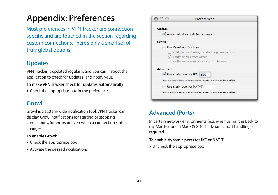 Appendix: preferences, Updates, Growl | Advanced (ports) | equinux VPN Tracker 5.4.4 User Manual | Page 41 / 47