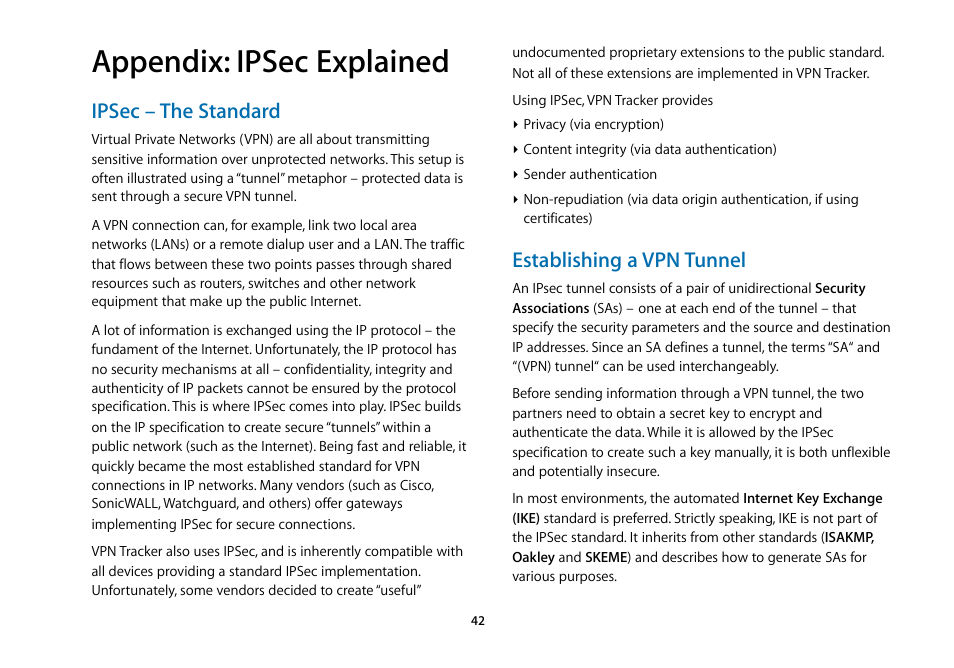 Appendix: ipsec explained, Ipsec – the standard, Establishing a vpn tunnel | equinux VPN Tracker 5.4.4 User Manual | Page 42 / 47