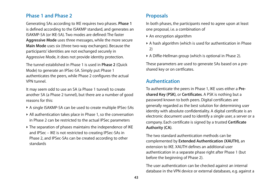 Phase 1 and phase 2, Proposals, Authentication | equinux VPN Tracker 5.4.4 User Manual | Page 43 / 47