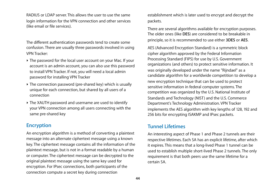 Encryption, Tunnel lifetimes | equinux VPN Tracker 5.4.4 User Manual | Page 44 / 47