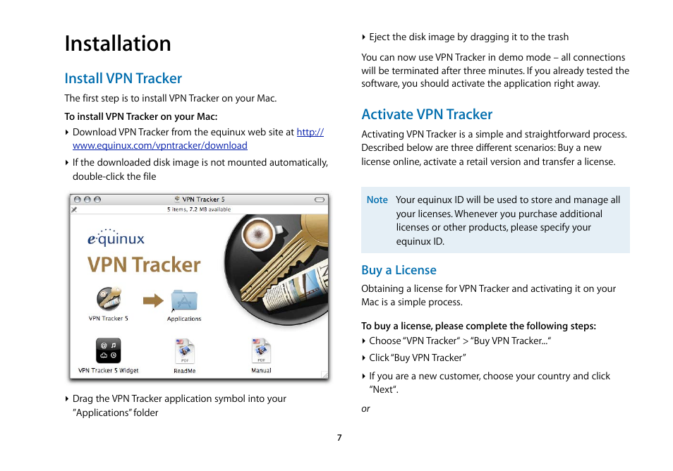 Installation, Install vpn tracker, Activate vpn tracker | equinux VPN Tracker 5.4.4 User Manual | Page 7 / 47