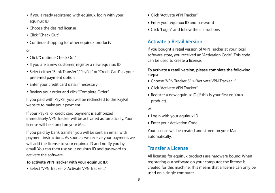 Activate a retail version, Transfer a license | equinux VPN Tracker 5.4.4 User Manual | Page 8 / 47