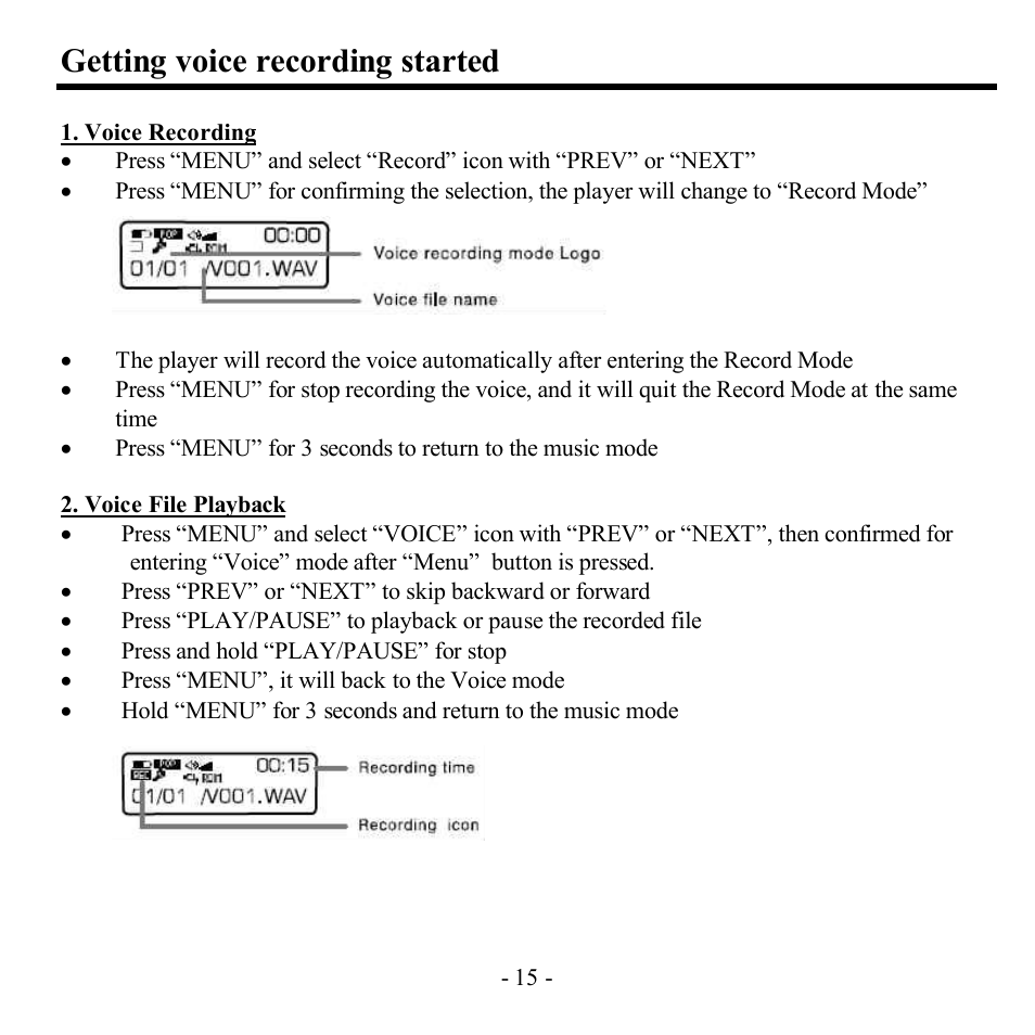 Getting voice recording started | Hyundai H-F2561 User Manual | Page 15 / 78