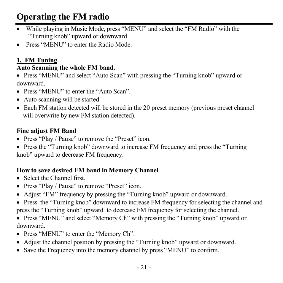 Operating the fm radio | Hyundai H-F2561 User Manual | Page 21 / 78